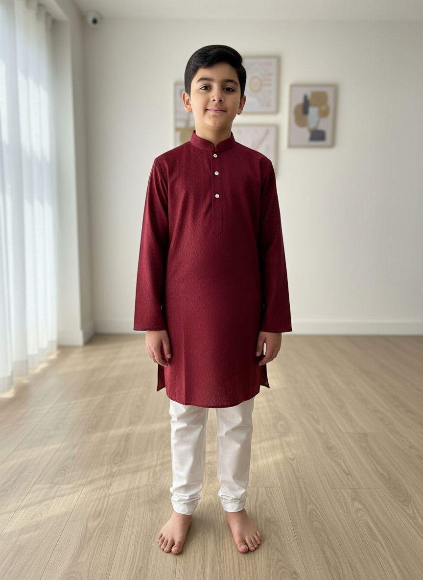 Maroon print Kurta with white Pajama Set For Boys | AS-K7