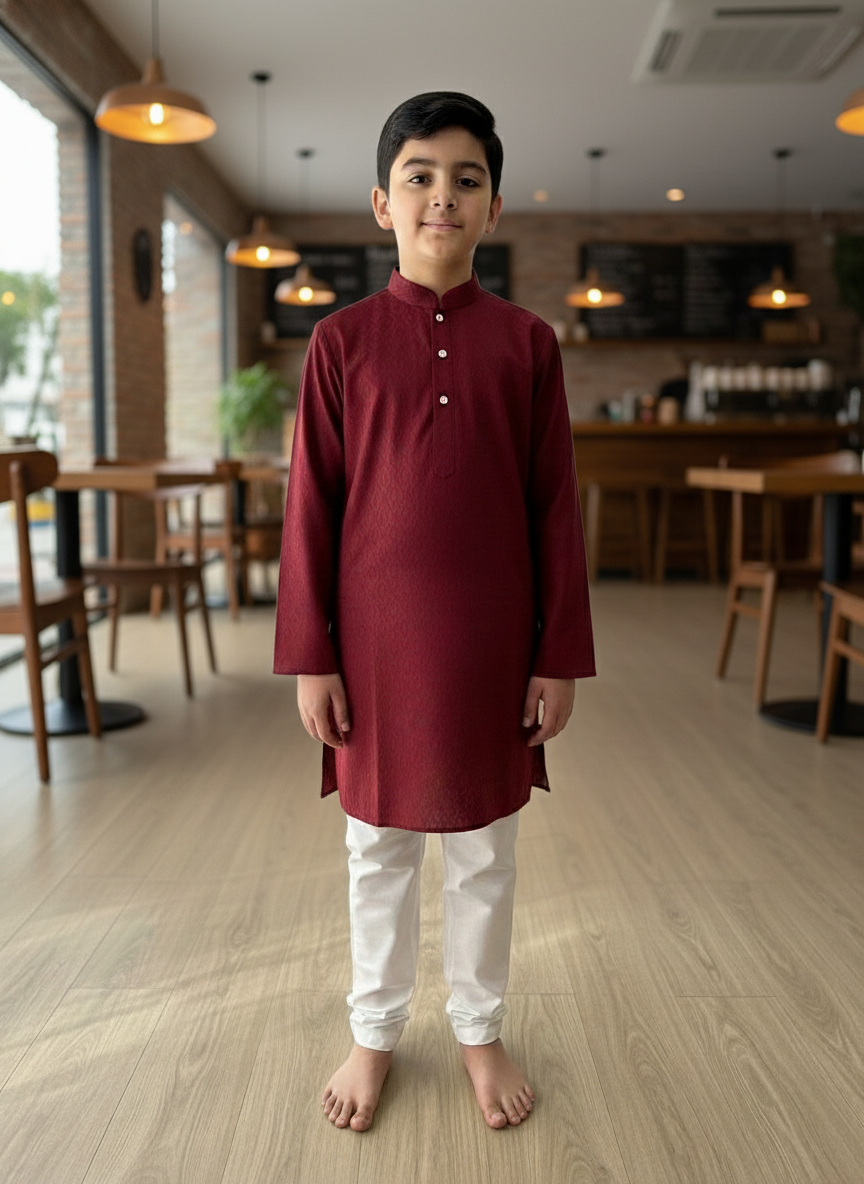 Maroon print Kurta with white Pajama Set For Boys | AS-K7