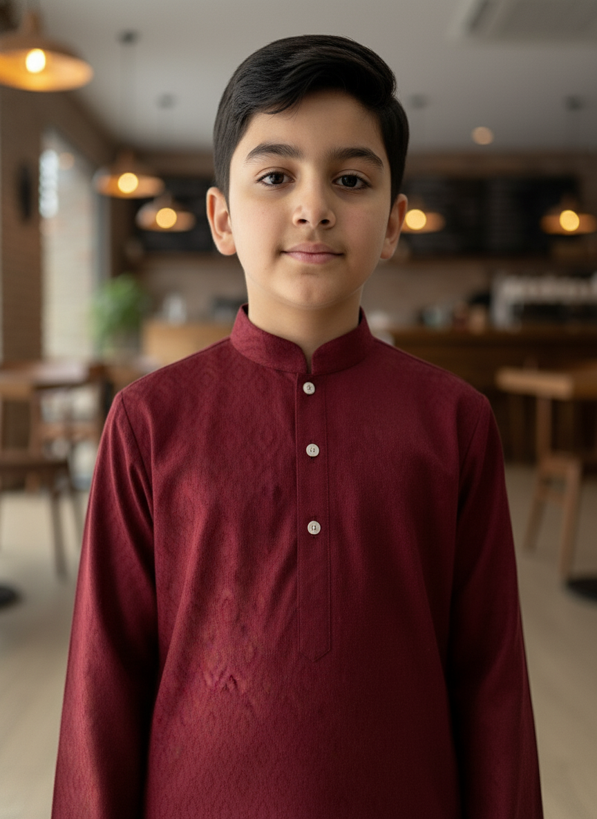 Maroon print Kurta with white Pajama Set For Boys | AS-K7