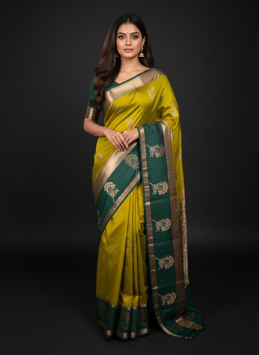 Mustard Kanchipuram Silk Saree With Butta Design| AS-00123