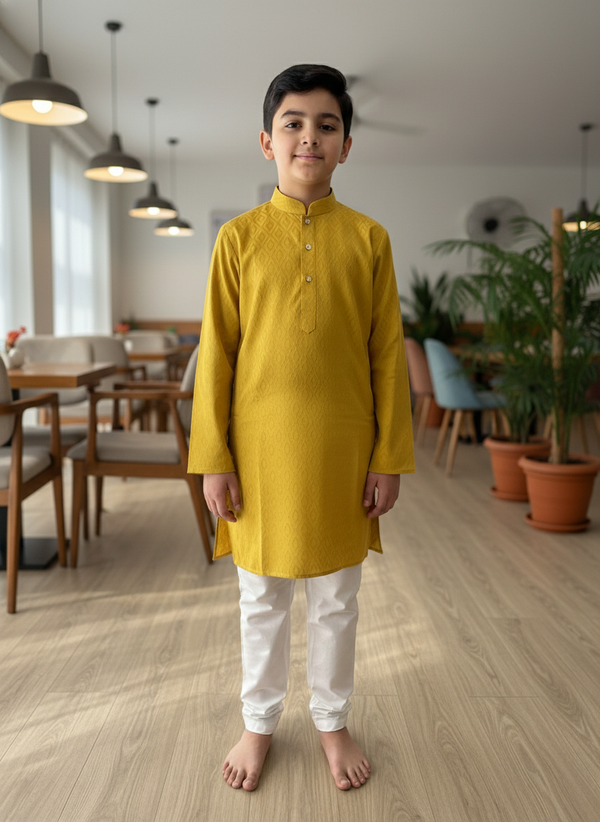 Mustard  Print Kurta with white Pajama Set For Boys | AS-K14