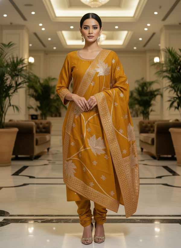 Elegant yellow Kurta Set with Banarasi Dupatta| AS-00204