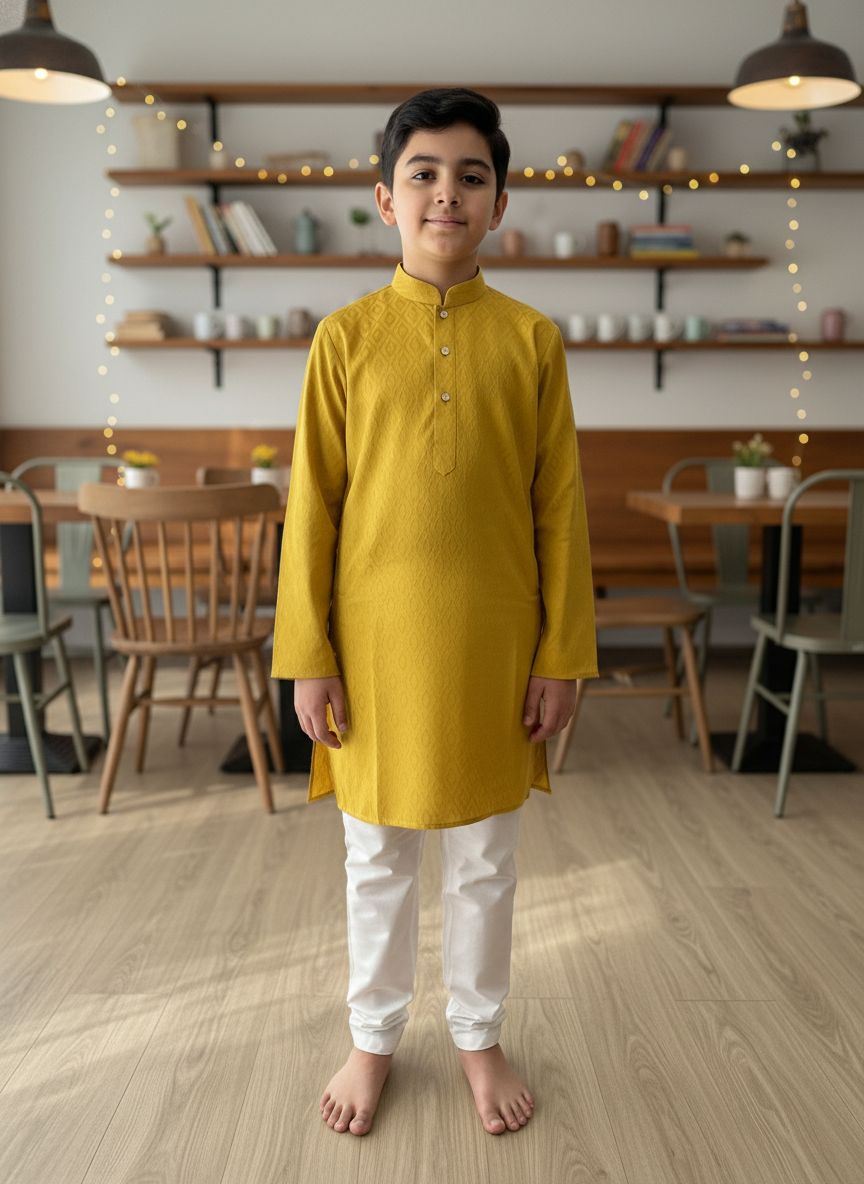 Mustard  Print Kurta with white Pajama Set For Boys | AS-K14
