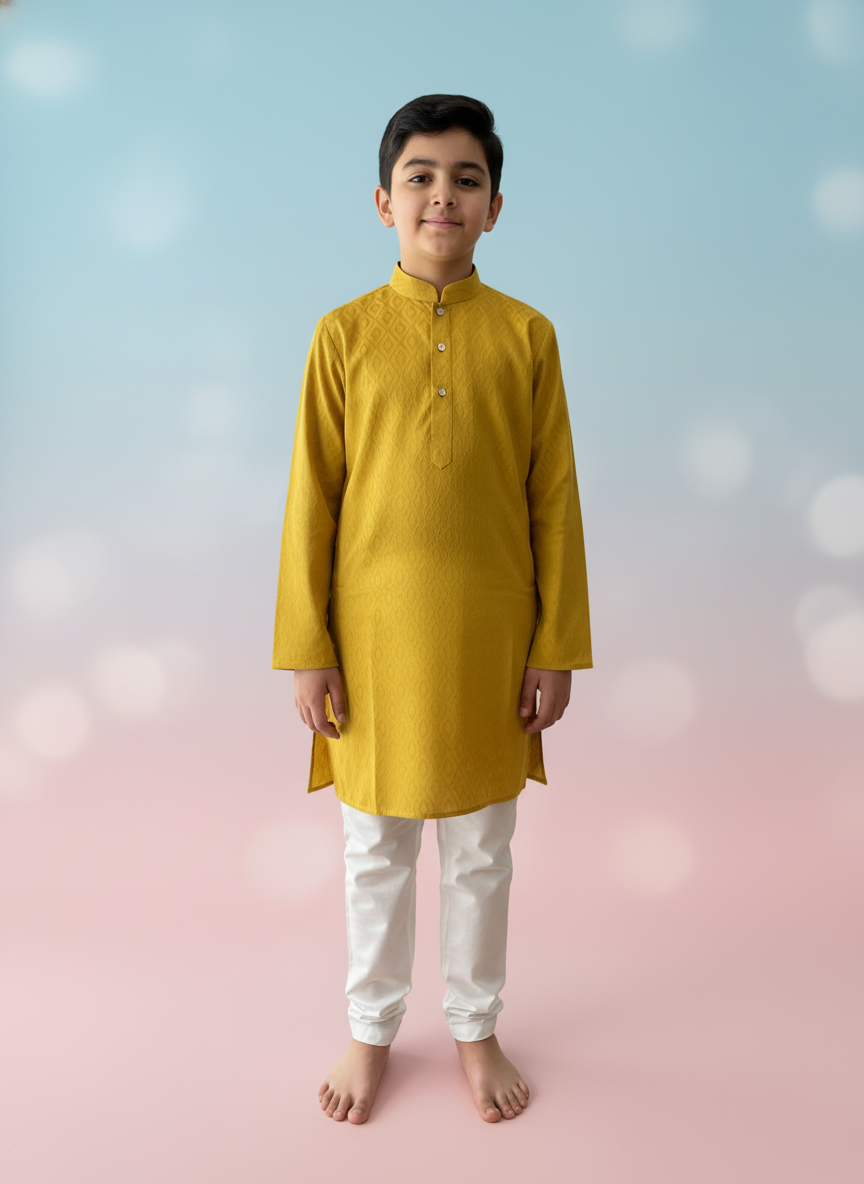 Mustard  Print Kurta with white Pajama Set For Boys | AS-K14