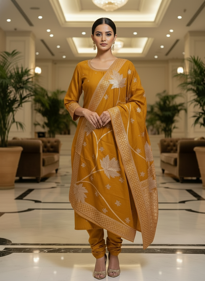 Elegant yellow Kurta Set with Banarasi Dupatta| AS-00204