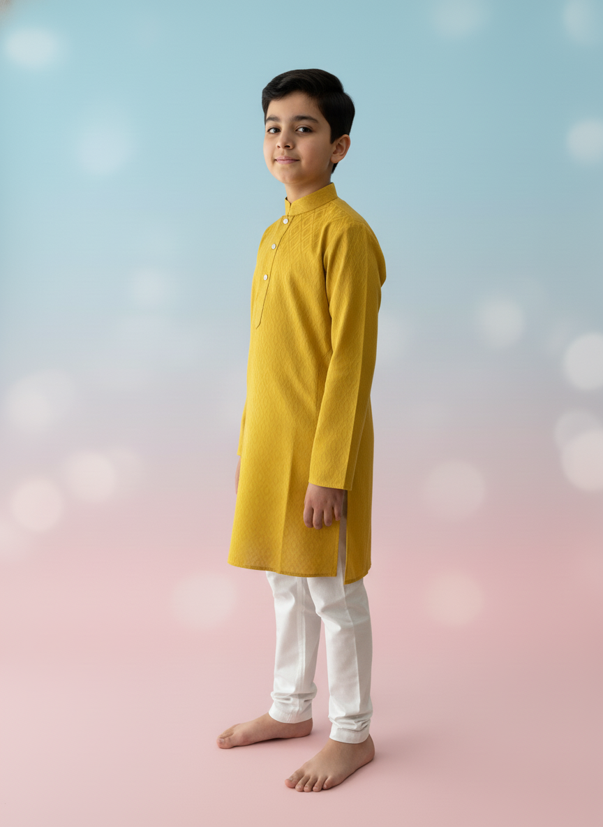 Mustard  Print Kurta with white Pajama Set For Boys | AS-K14