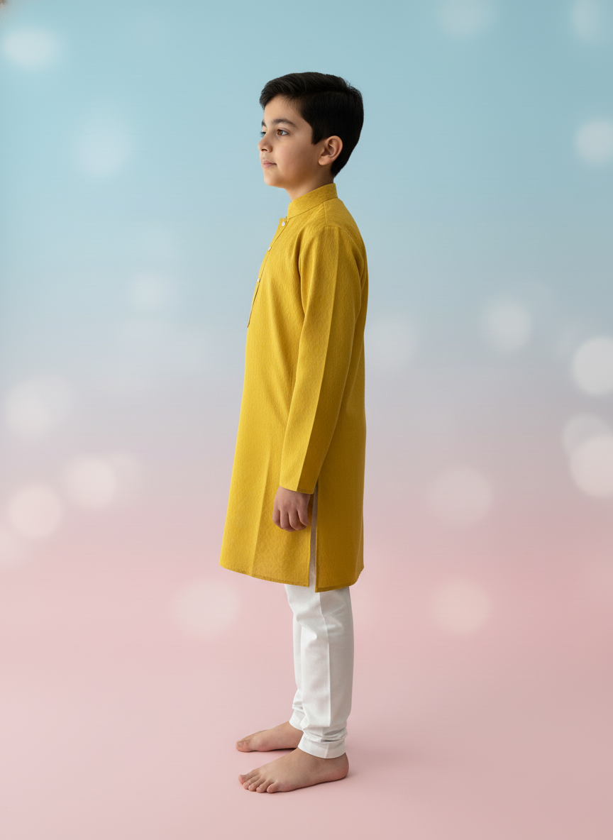 Mustard  Print Kurta with white Pajama Set For Boys | AS-K14