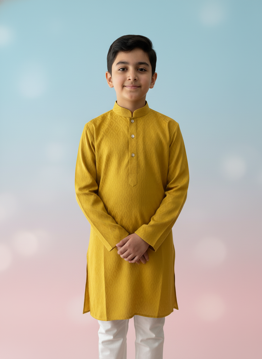 Mustard  Print Kurta with white Pajama Set For Boys | AS-K14