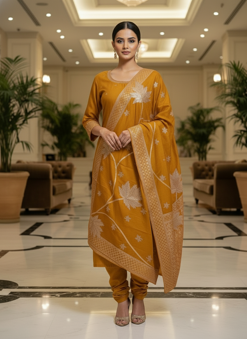 Elegant yellow Kurta Set with Banarasi Dupatta| AS-00204