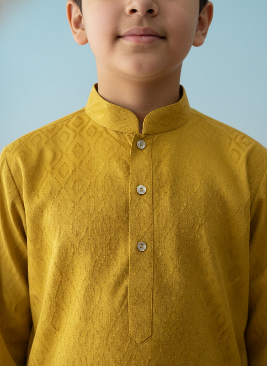 Mustard  Print Kurta with white Pajama Set For Boys | AS-K14