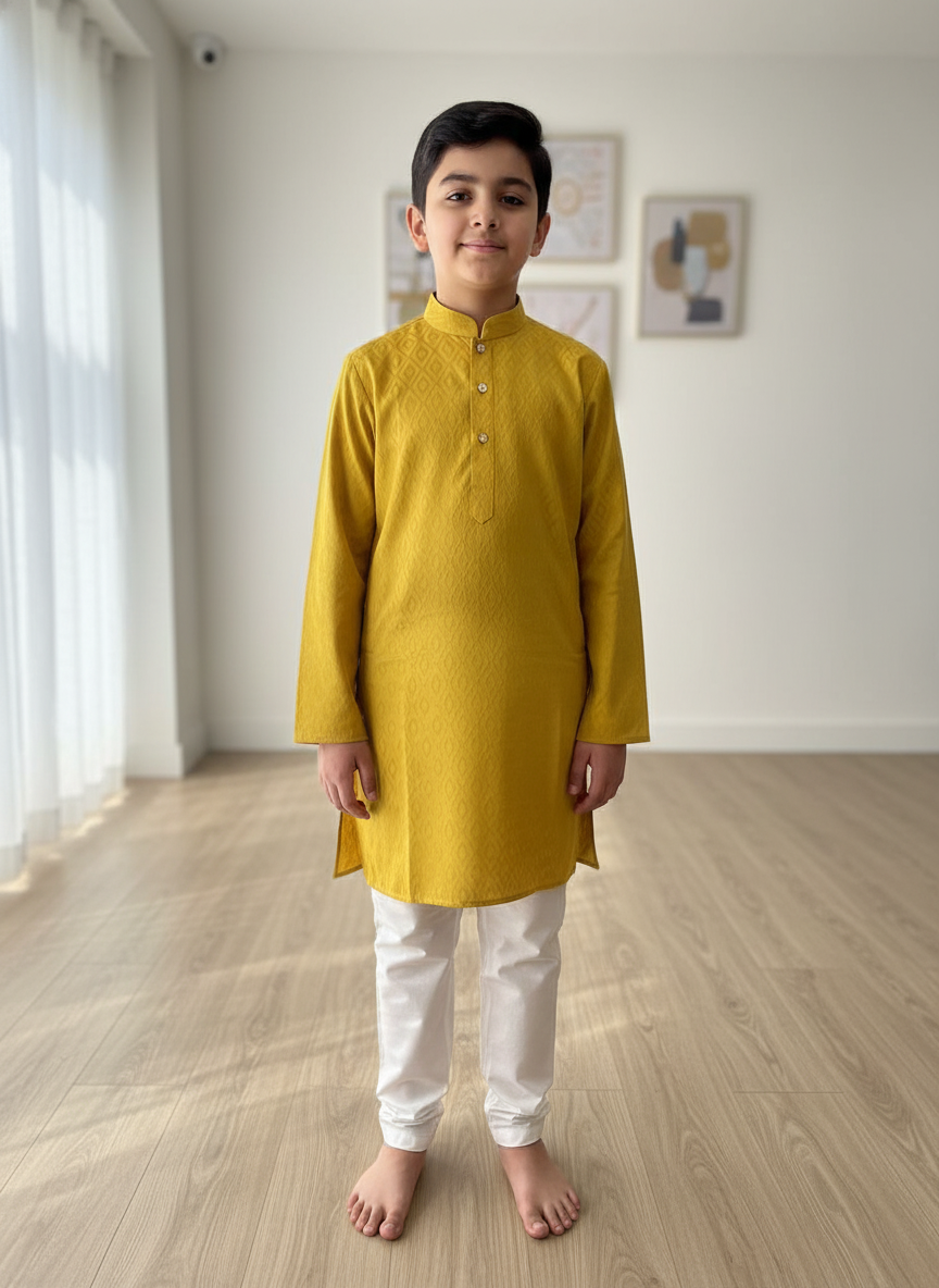 Mustard  Print Kurta with white Pajama Set For Boys | AS-K14