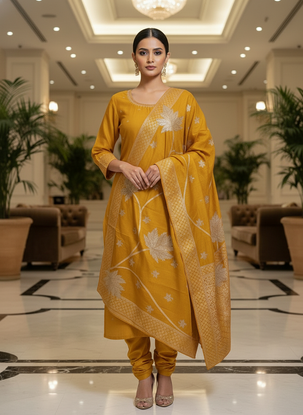 Elegant yellow Kurta Set with Banarasi Dupatta| AS-00204