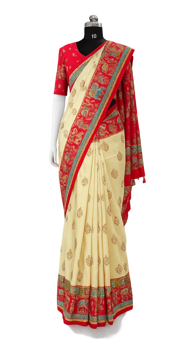 Cream And Red Silk Designer Saree with  Digital Print & Red Border |DS32_4