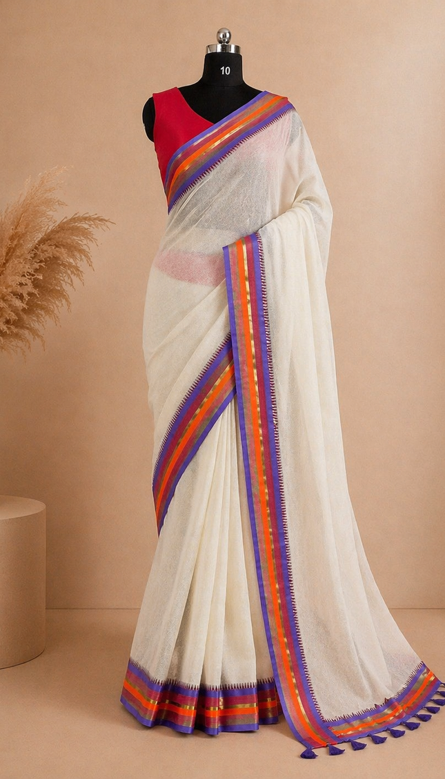 Off White Pure Mul Cotton Saree | Pink Floral Buti Embroidery |CS8_10