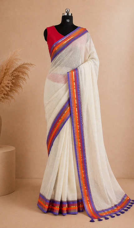 Off White Pure Mul Cotton Saree | Pink Floral Buti Embroidery |CS8_10