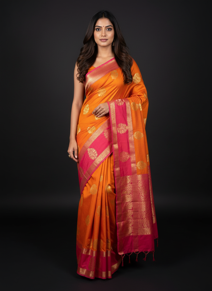 Orange Kanchipuram Silk Saree With Butta Design| AS-00122