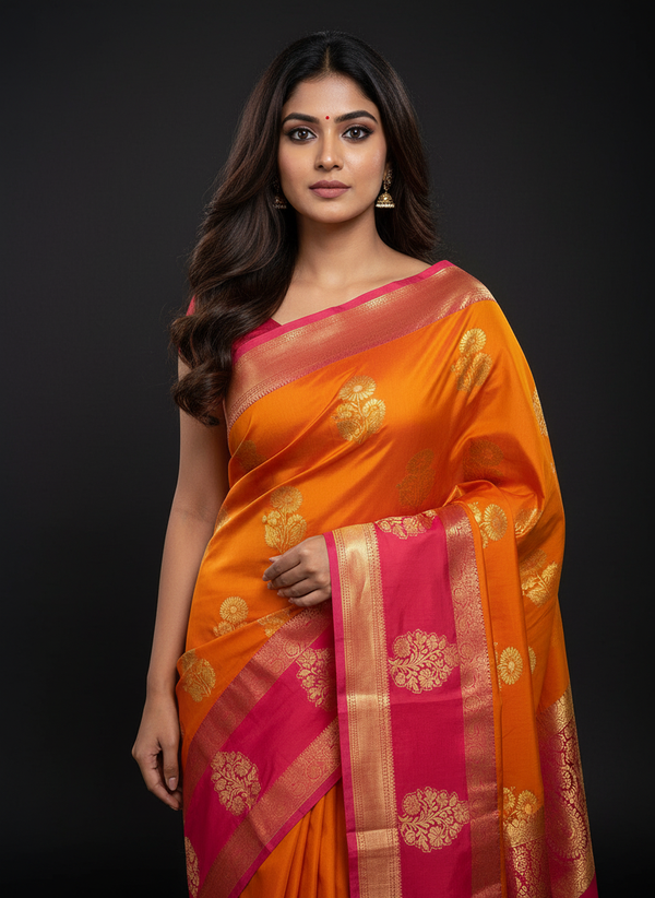 Orange Kanchipuram Silk Saree With Butta Design| AS-00122