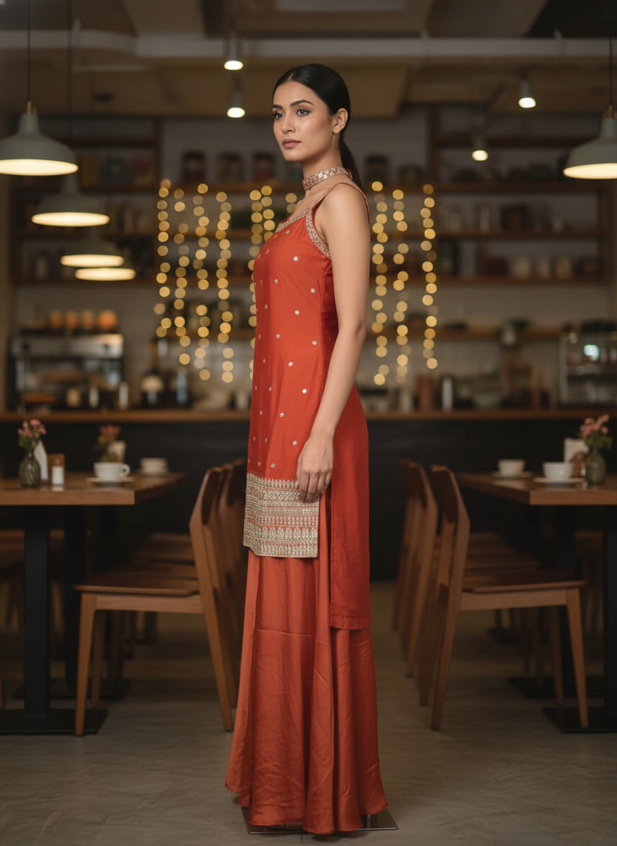 Orange silk Palazzo Set With Dupatta| AS-00254