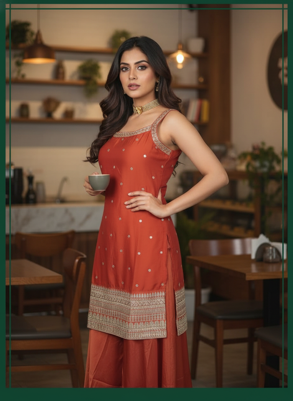 Orange silk Palazzo Set With Dupatta| AS-00254