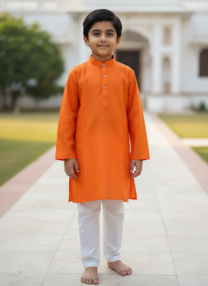 Orange Solid Kurta with white Pajama Set For Boys | AS-K4