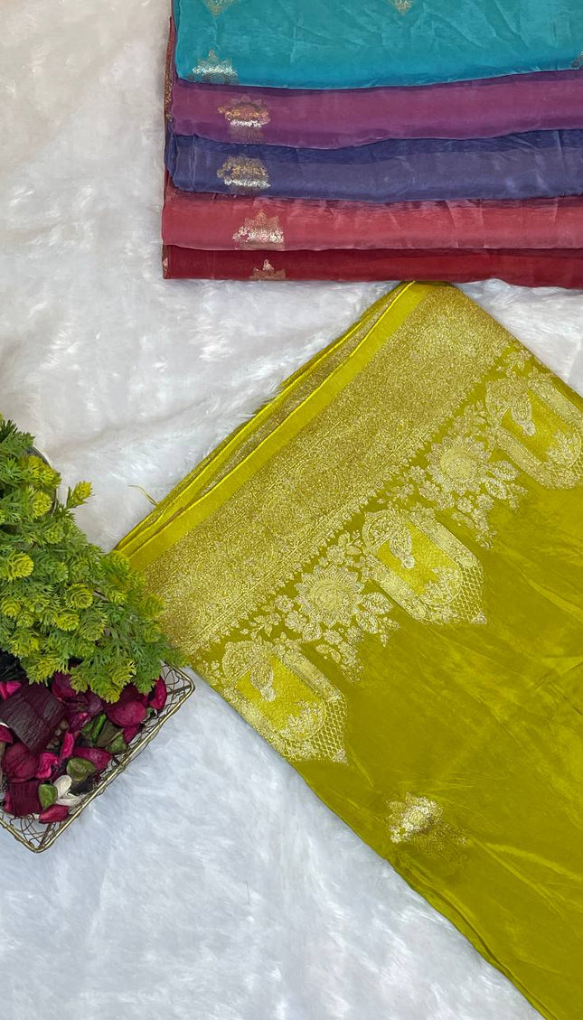 Parrot Green cage design Crepe Silk Saree With Silver Zari Border|DS3