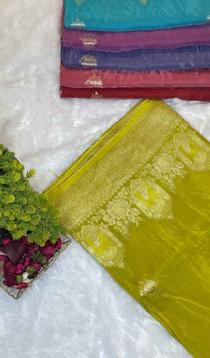 Parrot Green cage design Crepe Silk Saree With Silver Zari Border|DS3