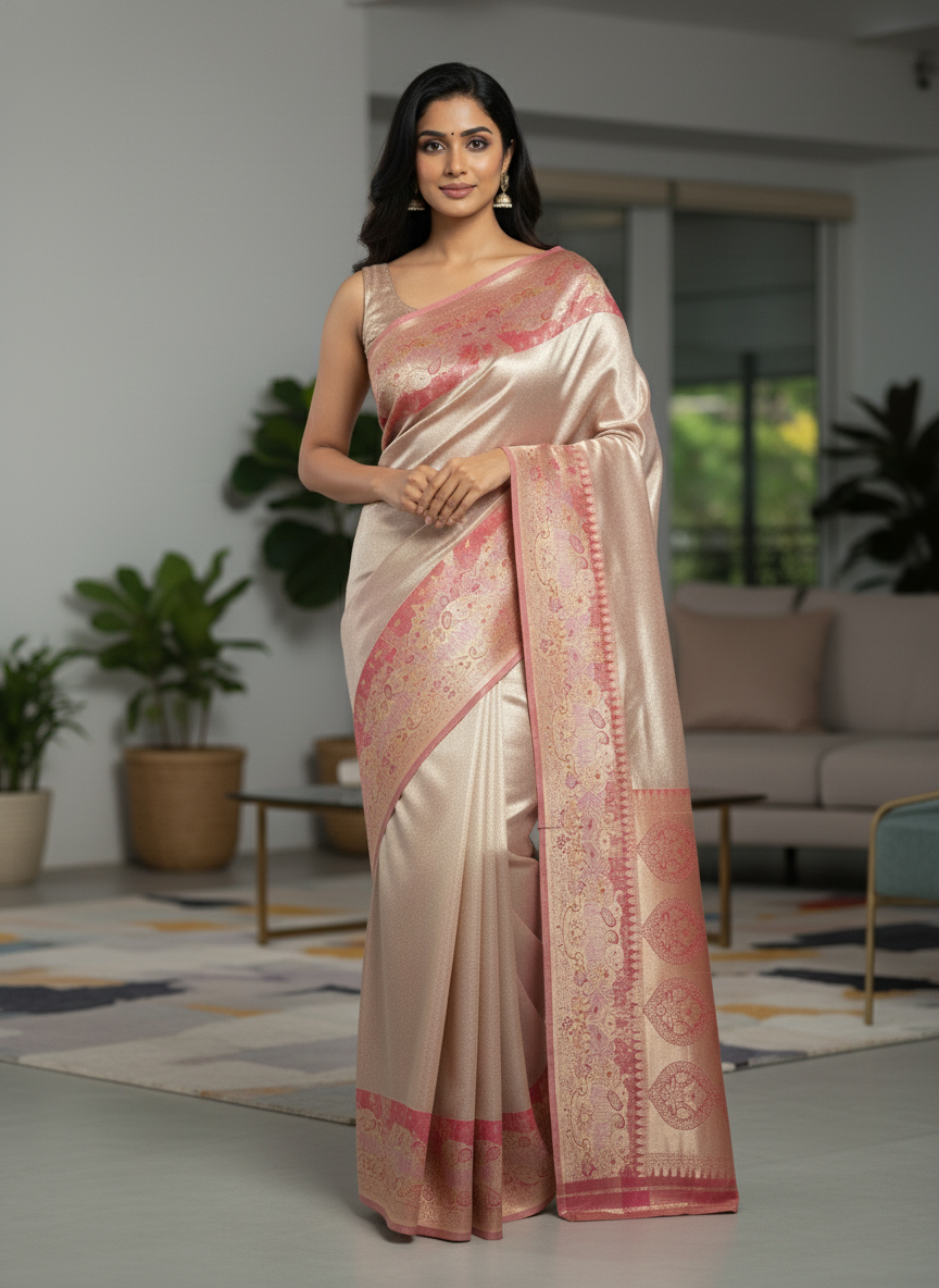 Peach Kanchipuram Silk Saree With Butta Design| AS-00142