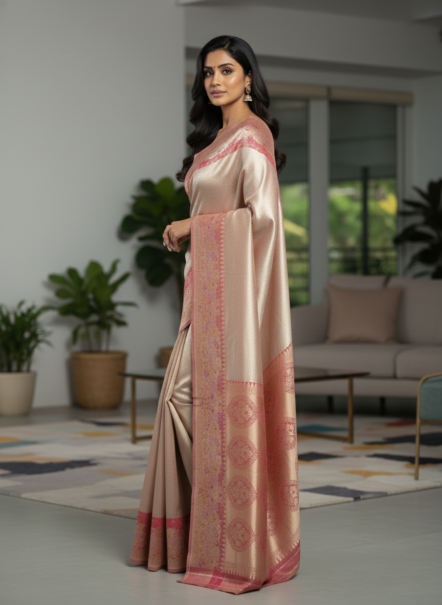 Peach Kanchipuram Silk Saree With Butta Design| AS-00142