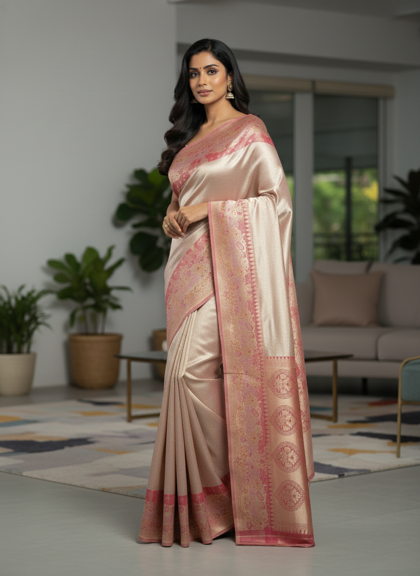 Peach Kanchipuram Silk Saree With Butta Design| AS-00142