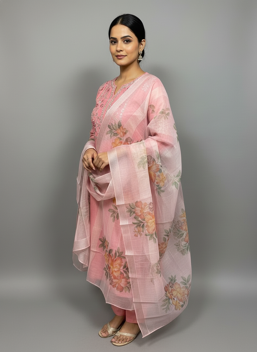 Elegant peach Kurta Set with Banarasi Dupatta| AS-00192