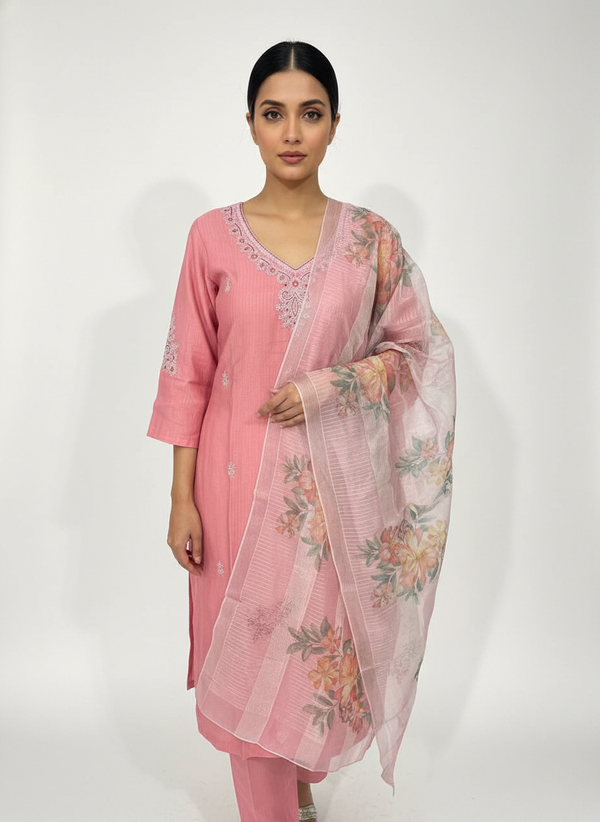 Elegant peach Kurta Set with Banarasi Dupatta| AS-00192