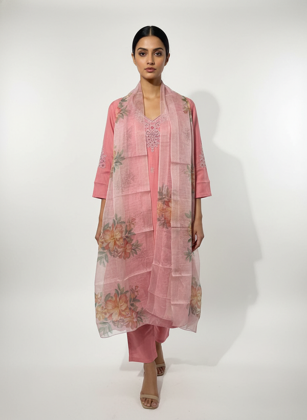 Elegant peach Kurta Set with Banarasi Dupatta| AS-00192