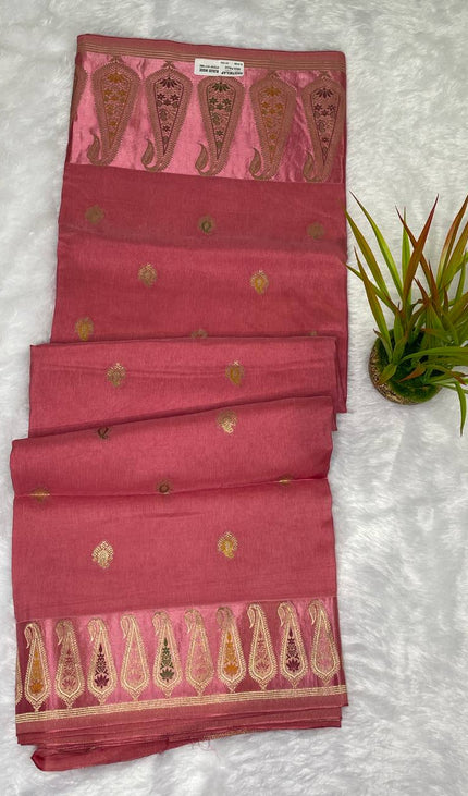 Premium Pink Crepe Silk Saree with Rich Paisley Border|DS1