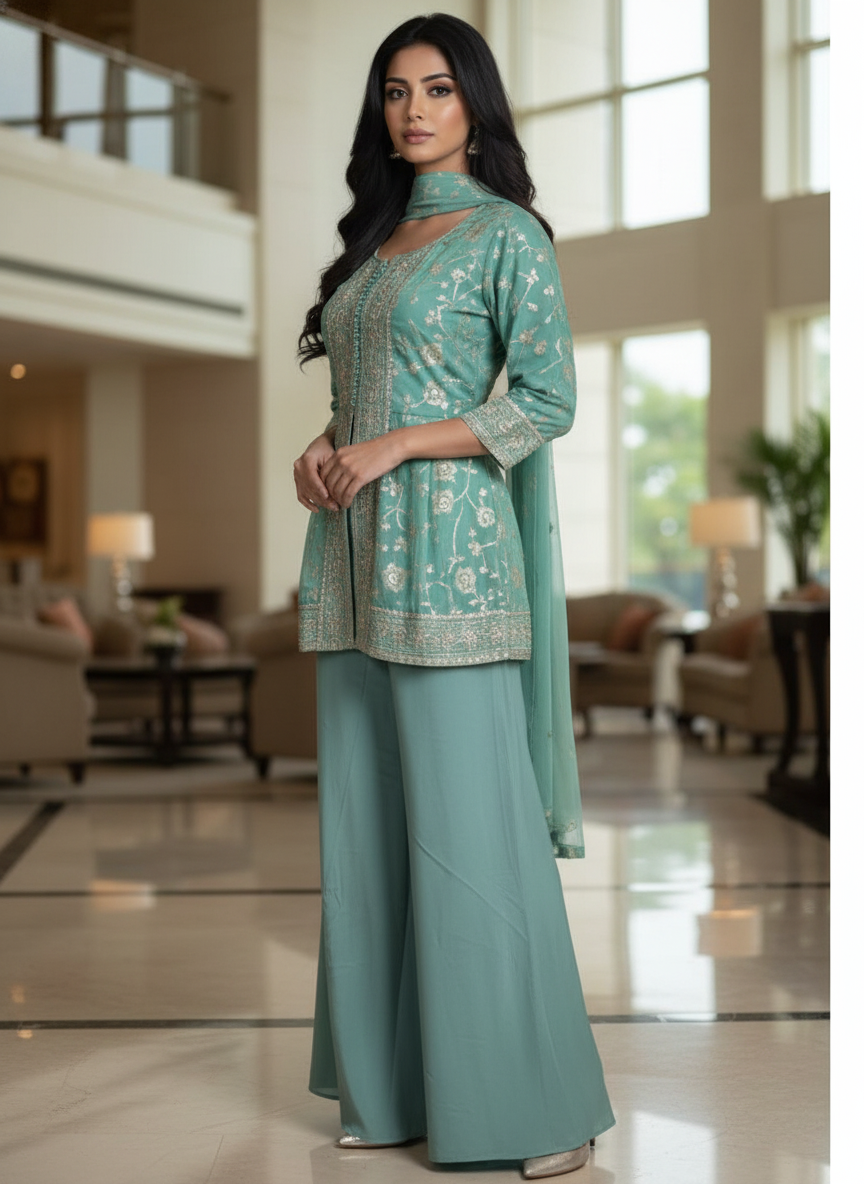 Green  silk Palazzo Set With Dupatta| AS-00250