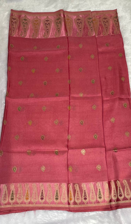 Premium Pink Crepe Silk Saree with Rich Paisley Border|DS1