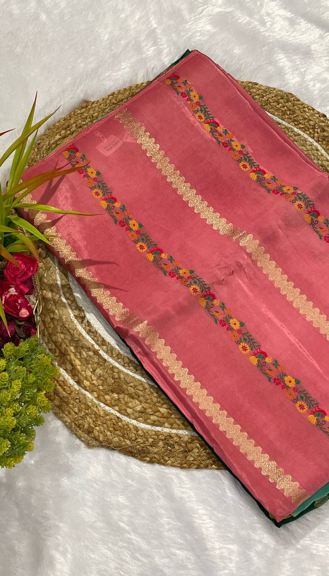 Peach Crepe Silk Saree with Floral Border & Gold Zari Detailing|DS4