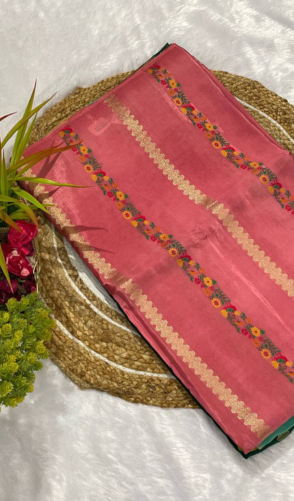 Peach Crepe Silk Saree with Floral Border & Gold Zari Detailing|DS4