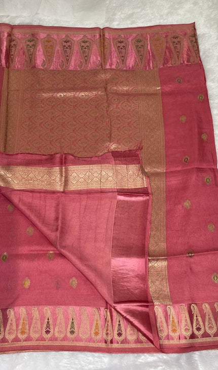 Premium Pink Crepe Silk Saree with Rich Paisley Border|DS1