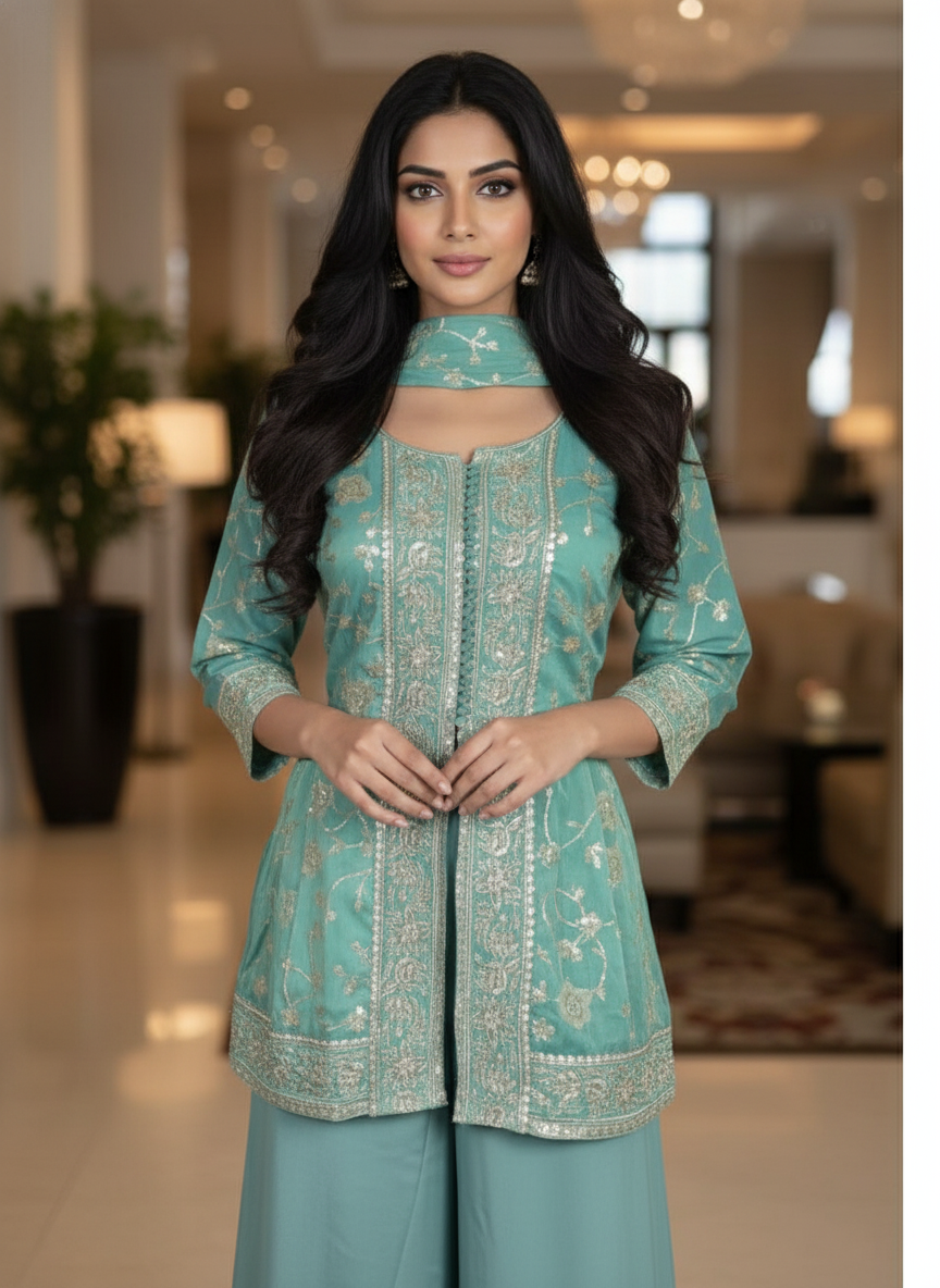 Green  silk Palazzo Set With Dupatta| AS-00250