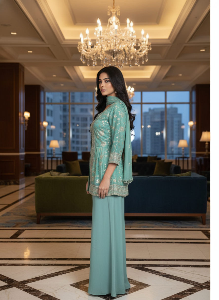 Green  silk Palazzo Set With Dupatta| AS-00250