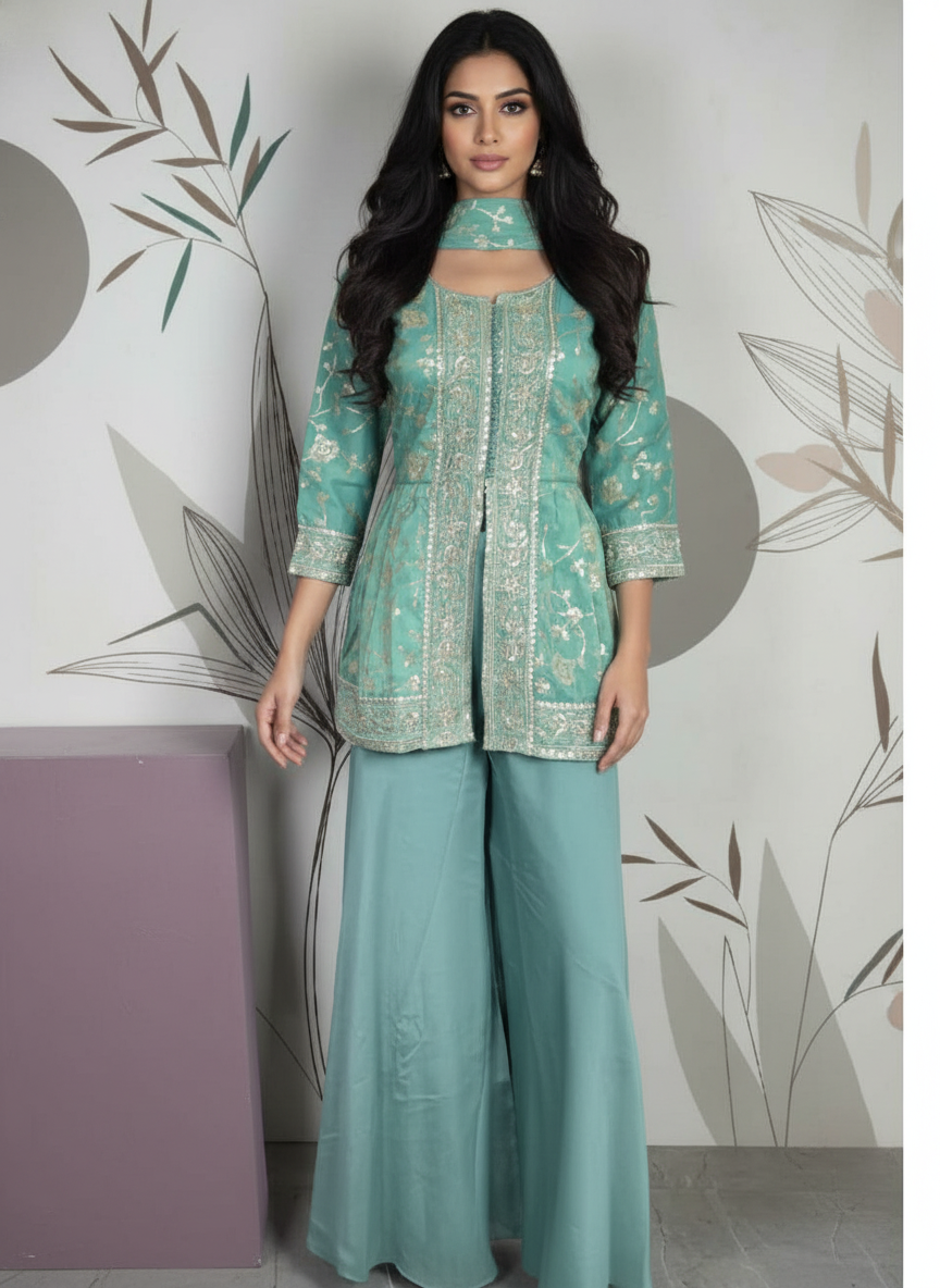 Green  silk Palazzo Set With Dupatta| AS-00250