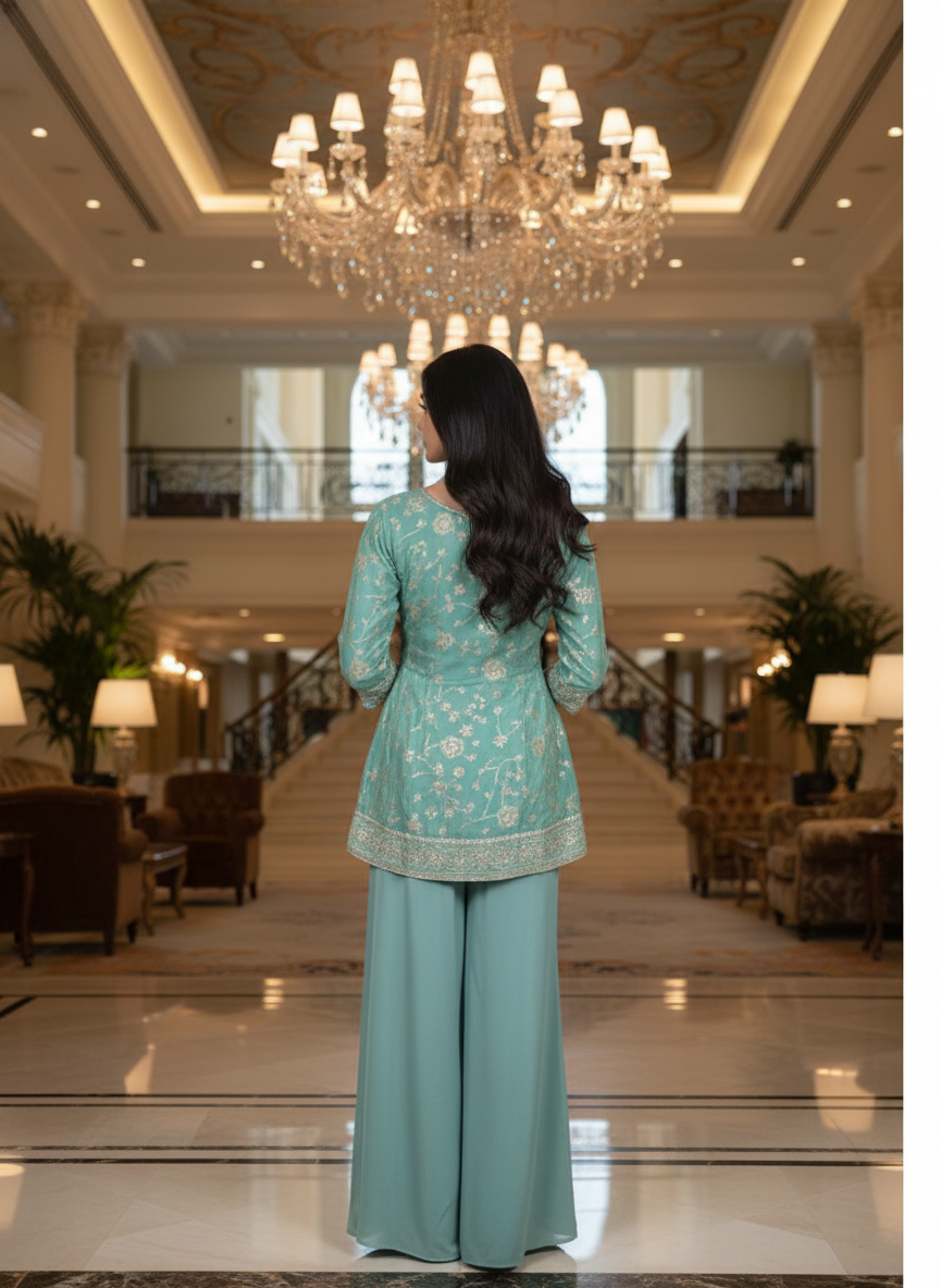 Green  silk Palazzo Set With Dupatta| AS-00250