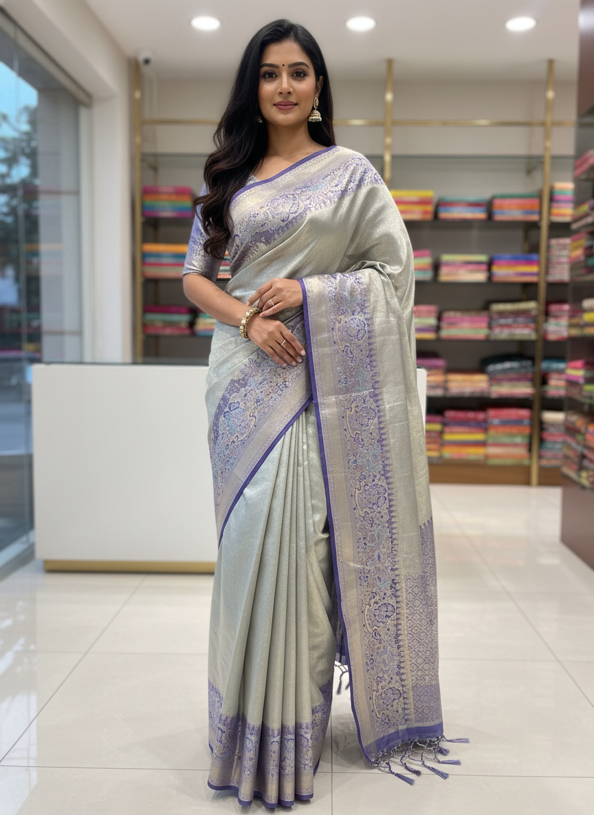 Beige  Kanchipuram Silk Saree With Butta Design| AS-00141