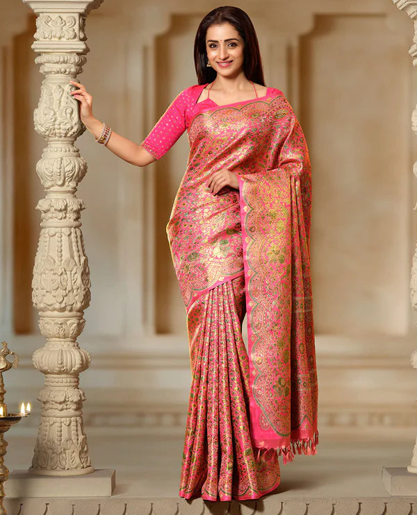 Pink floral jaal meenakari jacquard silk saree, scallop zari floral creeper design & meenakari floral design pallu