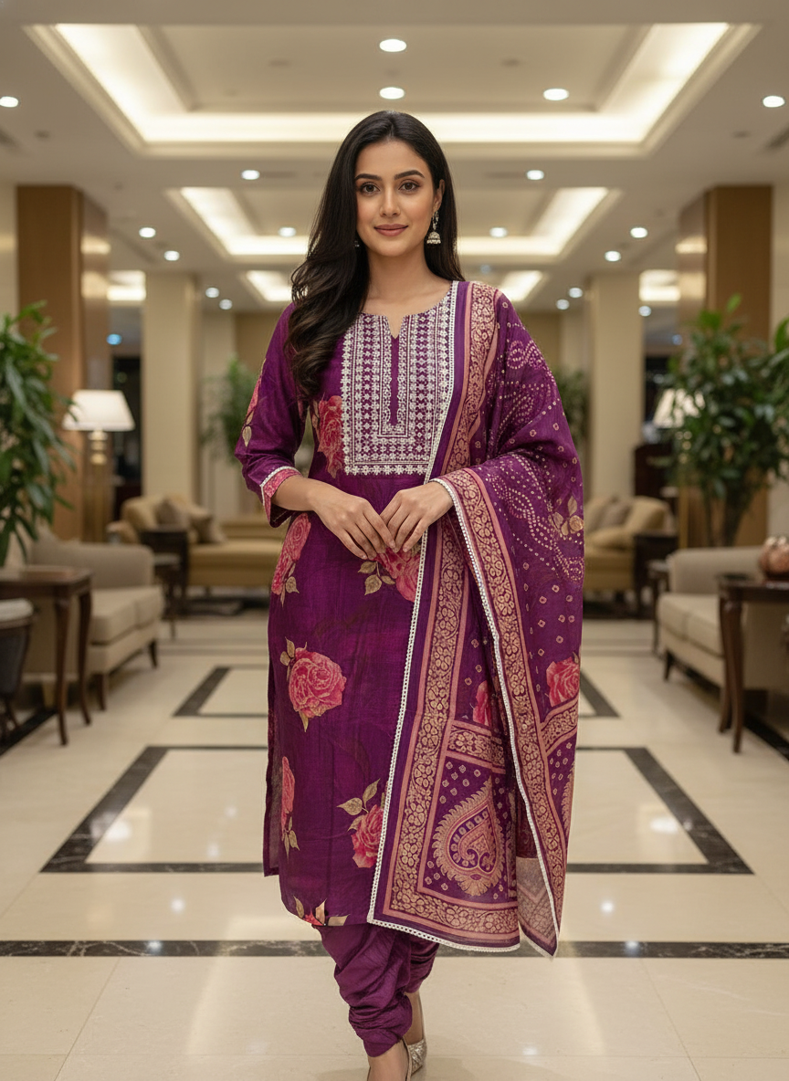 Purple Cotton Printed Salwar Suit with Dupatta| AS-00177