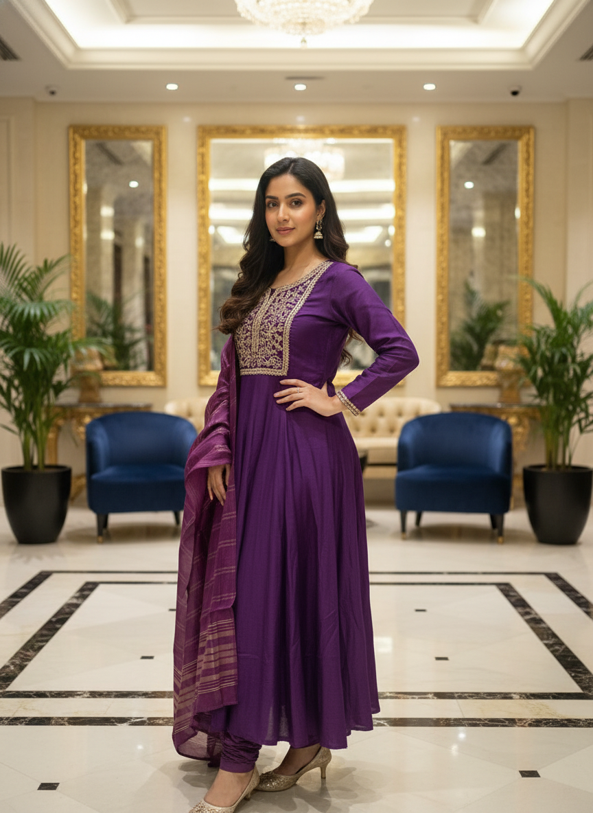Purple Cotton Printed Anarkali  with Dupatta| AS-00178