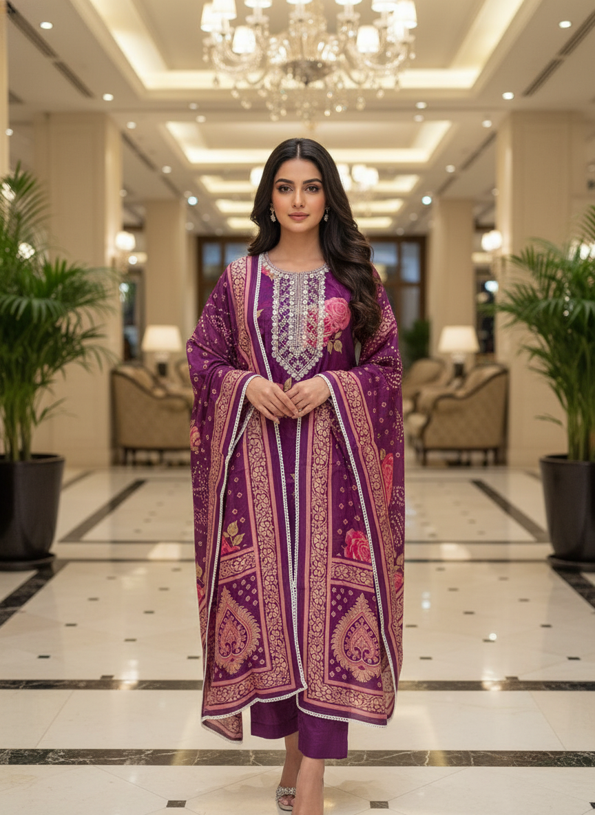 Purple Cotton Printed Salwar Suit with Dupatta| AS-00177