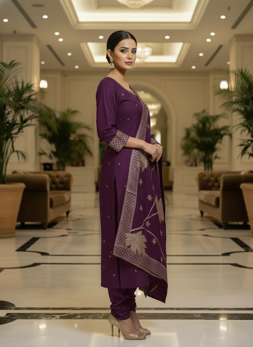 Elegant Purple Kurta Set with Banarasi Dupatta| AS-00203