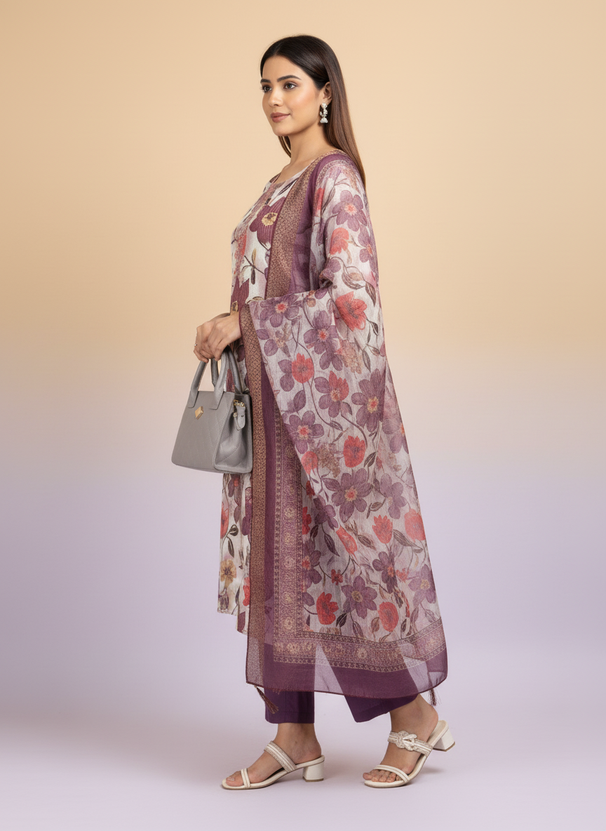 Purple Printed Kurti Set For Women| AS-00201