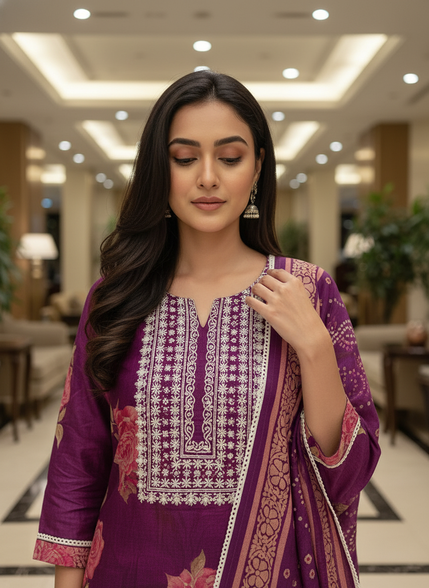 Purple Cotton Printed Salwar Suit with Dupatta| AS-00177